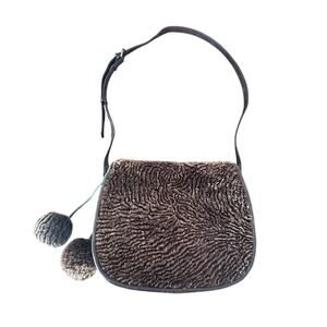Patricia Nash Leather Sherpa Brown Shoulder Bag Crossbody‎ Pom Pom Accents Cute